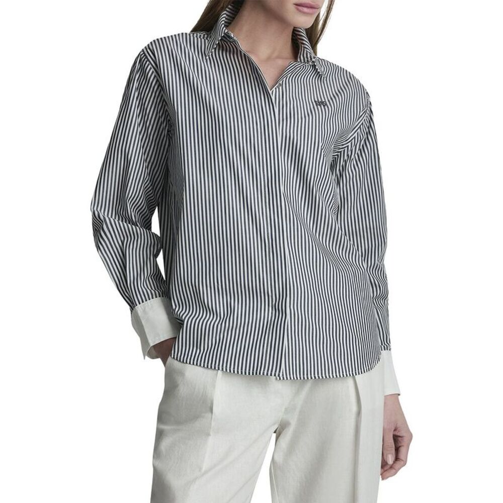 Dkny Womens 1989 Logo Contrast Cuff Striped Button-Down Shirt, Navy